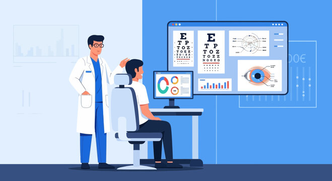 Ophthalmologist examining patient's eyes with advanced diagnostic technology and eye chart
