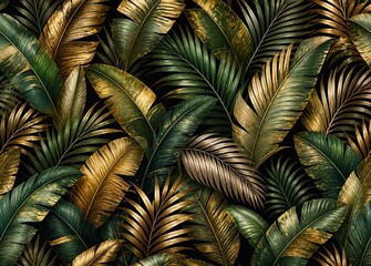 Fototapeta premium Luxury tropical foliage background featuring stylized banana leaves and palm fronds with an iridescent metallic sheen in emerald green and bronze on a sophisticated dark moody backdrop. Generative AI
