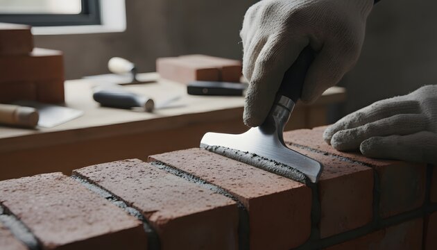 Worker smoothing mortar lines on a red brick wall during a renovation project, craftsmanship and house building concept, detailed masonry close-up