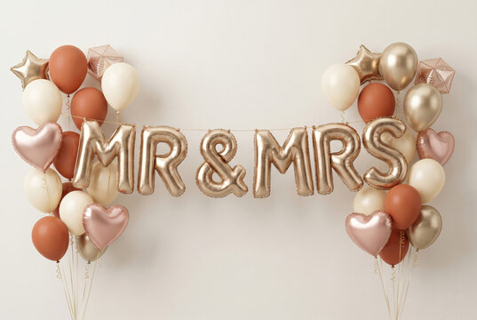 Elegant wedding celebration background featuring gold foil balloons forming MR MRS text.