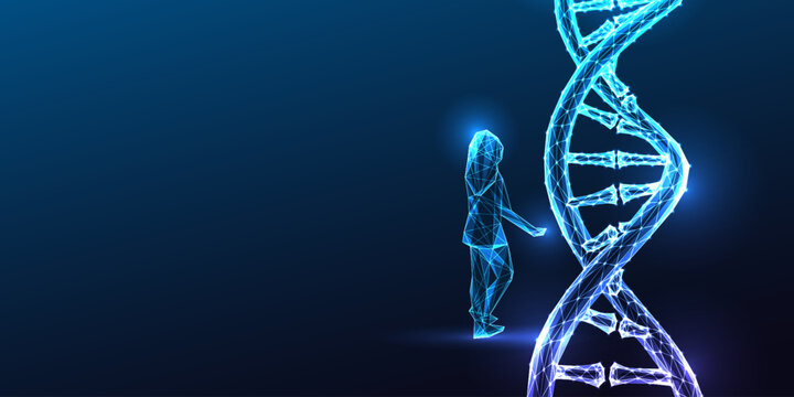 Personalized medicine concept. Woman and DNA helix, genetic data, heredity, healthcare vector