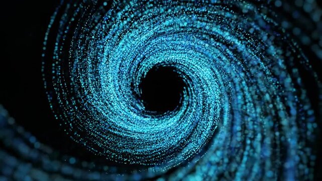 Abstract Blue Swirling Particle Vortex Tunnel on Black Background