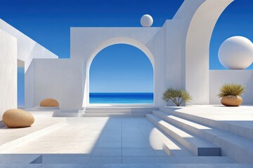 Plakat Minimal white Mediterranean architecture with archway and sea view under a clear blue sky