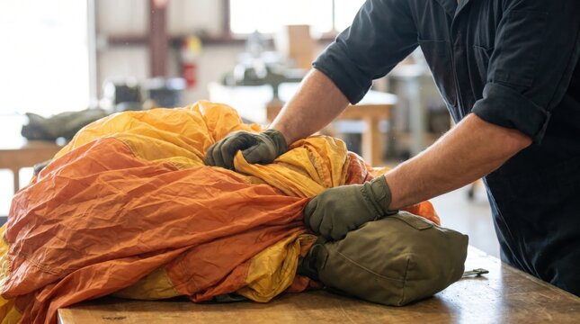 Skydiver hands carefully folding and packing bright orange parachute into green bag