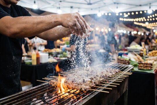Chef hands sprinkling salt over hot meat skewers cooking on flaming charcoal grill