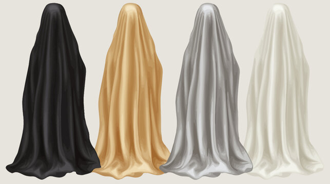 Four draped figures in various colors, each covered in flowing fabric. Background is plain