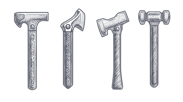 Four hand-drawn tools, a claw hammer, an ax, a ball-peen hammer, and a mallet, are displayed on white