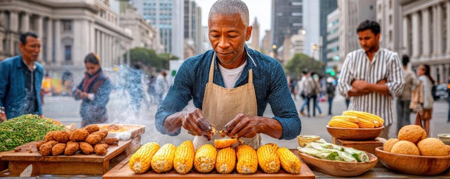 Street vendor roasting corn and chestnuts at a busy urban market food stall