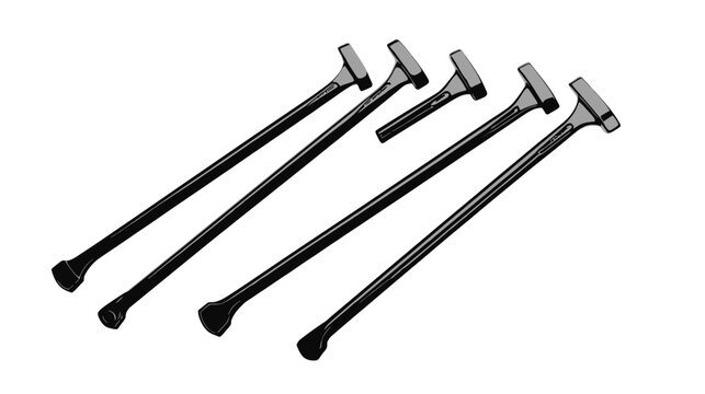 Illustration of several long-handled tools with a T-shaped head, angled on white background