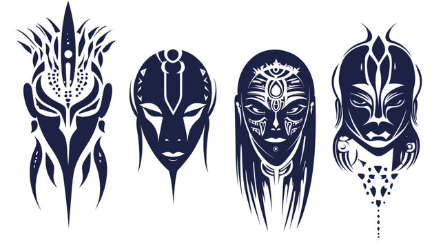 Four stylized tribal masks in dark blue, each with distinct features, patterns, and symbolic designs