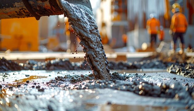 Fresh concrete pouring from a pipe at a construction site for new development.