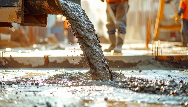Concrete pouring from a truck mixer chute onto a construction site slab, with workers in the background.