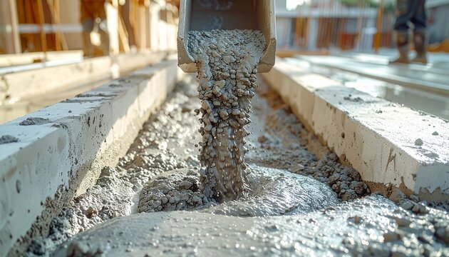 Fresh concrete pouring into formwork on a construction site.
