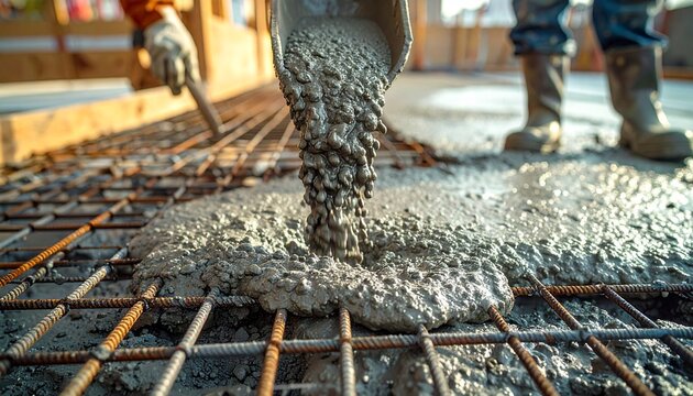 Construction workers pouring concrete on reinforced steel bars for building foundation.