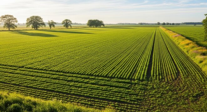 a large green field with rows of crops and trees in the distance under a blue sky with white clouds