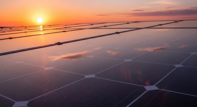 Solar panels reflecting sunset with orange sky and clouds in background alternative energy clean ene