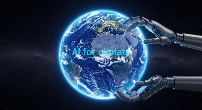 a robotic hand holds a glowing blue and white globe with the words 'ai for diplomacy' on it in a fut