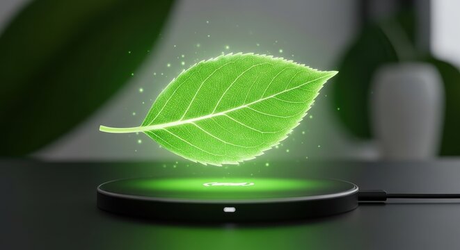 A green leaf hovers above a wireless charging pad on a dark surface with a plant in the background s
