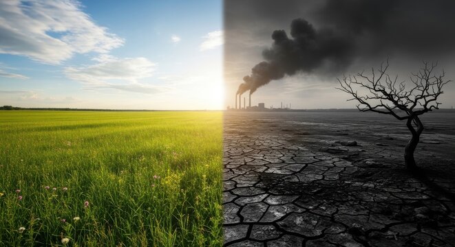 A split-screen image contrasting a lush green field with a barren dry landscape with a dead tree and