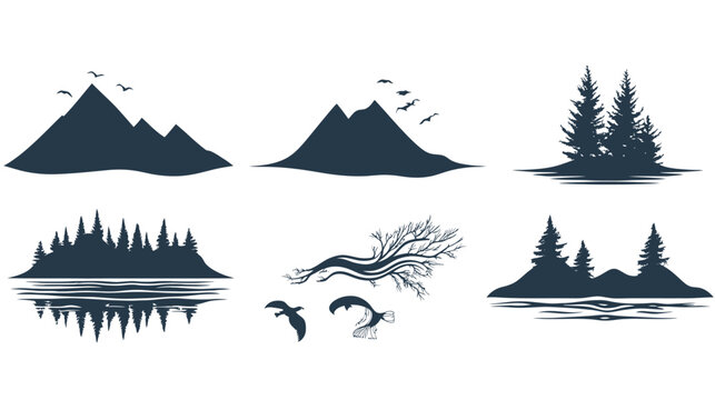 A collection of nature-inspired silhouette illustrations including mountains, trees, birds, and water reflections