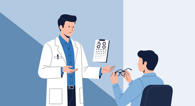 Optometrist examines patient's eyes, holding eyeglasses, eye chart on wall
