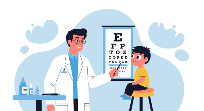 Optometrist examining child's eyes with eye chart in clinic, vision test
