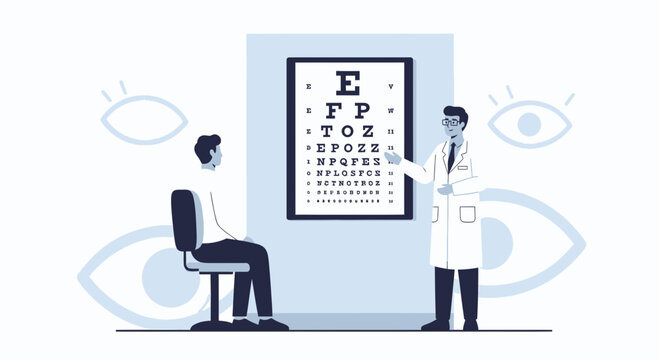 Optometrist examining patient with eye chart, vision test, eye care concept