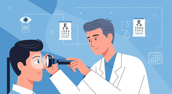Optometrist examining patient's eye with ophthalmoscope, eye chart and calendar in background