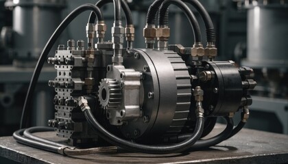 Obraz premium Medium frame showing the compact hydraulic power unit assembly emphasizing tight component fitting and detailed hose connections on a sturdy work surface.