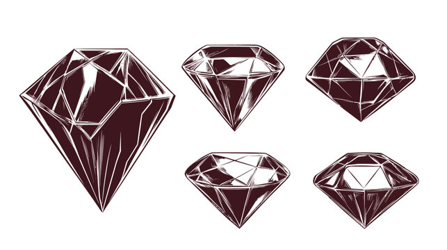 Five stylized, maroon-colored diamond illustrations on white background, showcasing varied perspectives