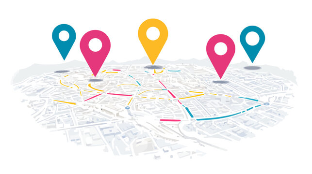 A map graphic showing a city with colored markers on it. Perspective view. Roads highlighted