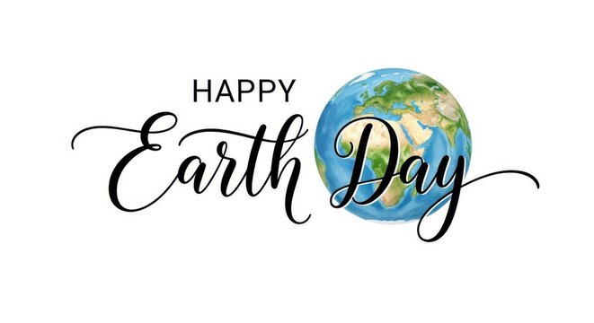 A colorful illustration of the Earth with Happy Earth Day written in elegant cursive script on a whi