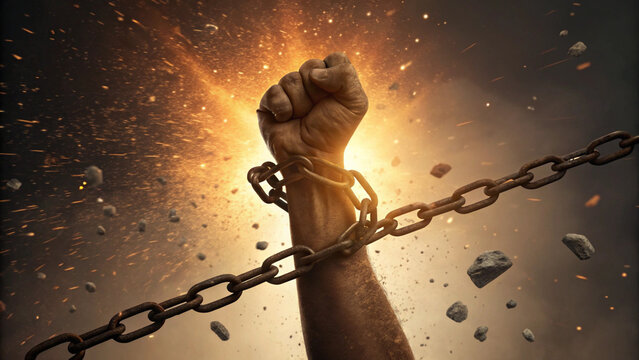 Human hand breaking through heavy metal chains to represent ultimate freedom and the powerful overcoming of extreme personal life obstacles