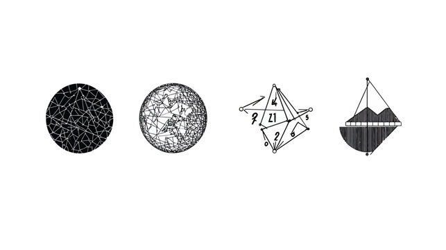 Abstract black and white graphic with four distinct geometric shapes, featuring sphere and polyhedral forms