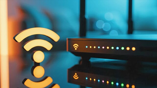 Wi-Fi signal icon glows brightly next to a modern router with colorful indicator lights on a reflective surface, creating a visually engaging scene in a contemporary indoor setting