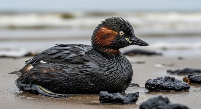 A black bird with a distinctive red patch on its neck sits on a wet sandy beach surrounded by dark d