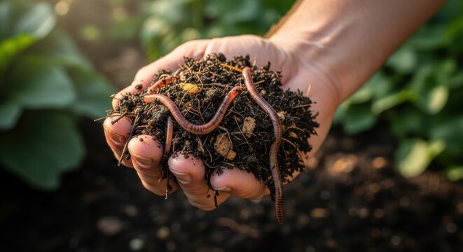 a hand holding a handful of dirt with worms in it with green plants in the background outside in sun