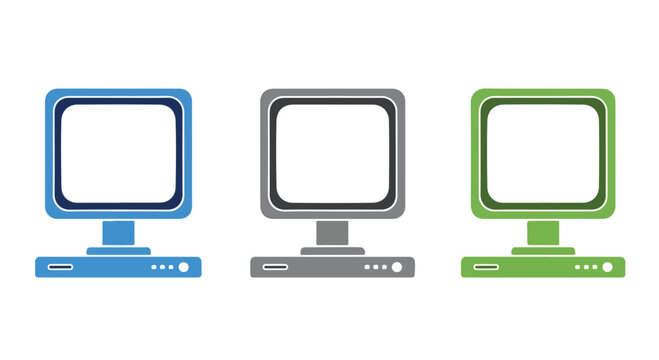 Colorful computer monitors with blank screens on desktop stands in blue, gray, and green