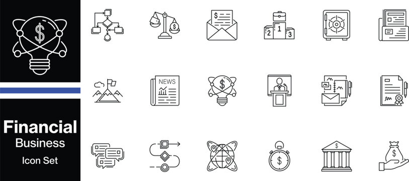 Financial Business Icon Set: Thin Line Vector Symbols for Corporate Strategy, Banking, Economic Growth, and Legal Compliance