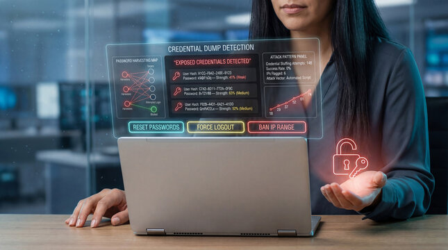 Female cybersecurity analyst holding virtual open padlock icon while using AI interface with exposed credentials alert showing buttons to reset passwords, force logout and ban IP range in modern SOC