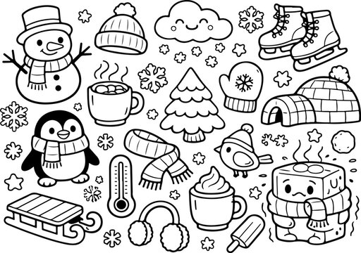 Winter Season cartoon outline hand drawn Line Art illustration doodle art coloring page for kids