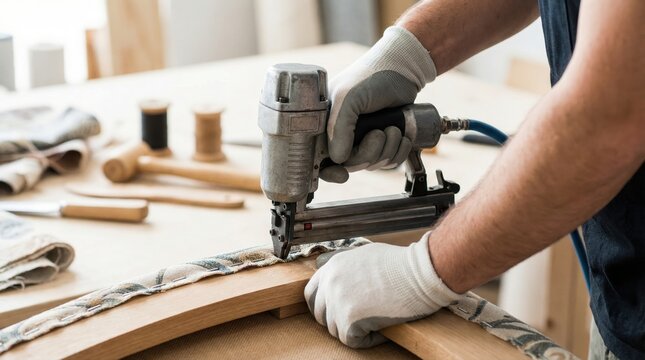Close up of a skilled upholsterer using a pneumatic staple gun to attach patterned fabric to a wooden furniture frame