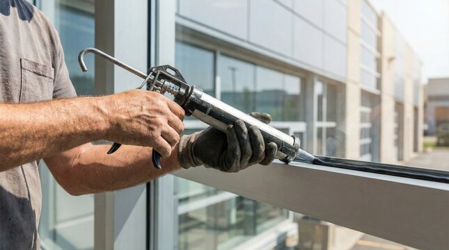 Construction worker using a heavy duty caulking gun to apply black sealant along the base of a commercial glass window