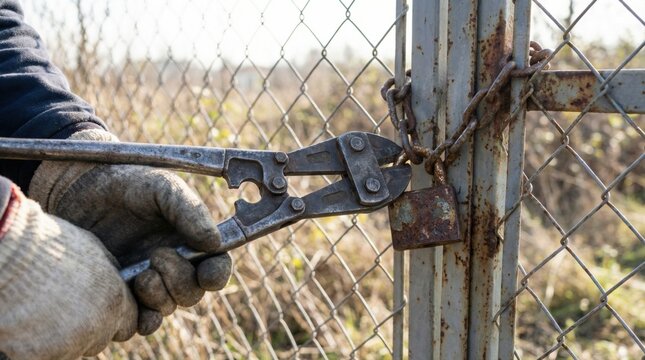 Person wearing thick work gloves using heavy metal bolt cutters to break off a rusty padlock from a chain link gate