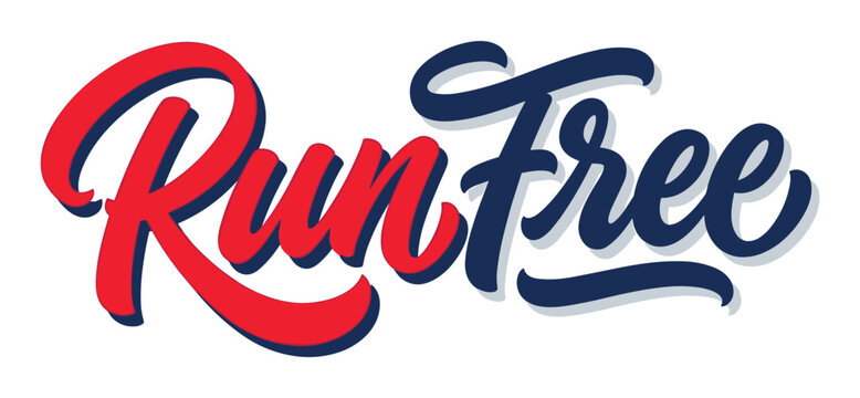 Run Free text lettering with red and blue colors and shadow effect, a motivational phrase vector illustration