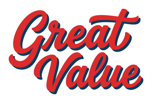 Great Value red and blue script lettering with shadow effect, a bold and dynamic typographic design