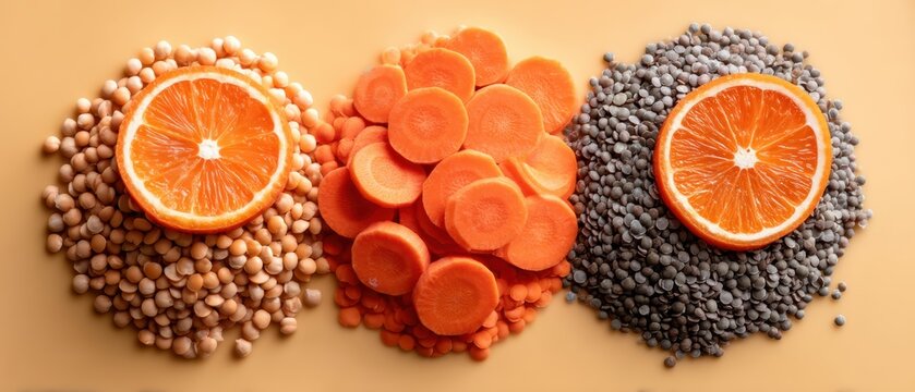 Minimalist vegetarian ingredients flat lay with small piles of chickpeas and carrots arranged in three straight lines across soft butter-yellow background