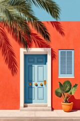 Fototapeta premium Sunlit blue door and vibrant orange facade with palm shadows and potted plant on a summer day