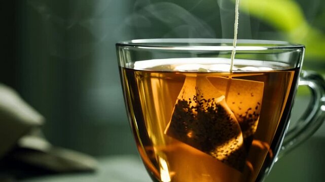The art of the tea ceremony revealed, with a clear glass cup gently infused by a delicate tea bag, evoking the warmth and comfort of a soothing brew.