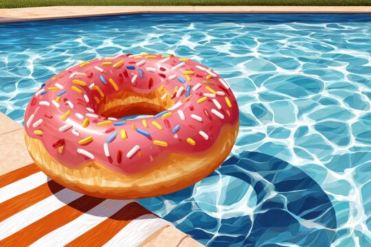 Bright pink donut pool float with sprinkles sitting at the edge of a backyard swimming pool